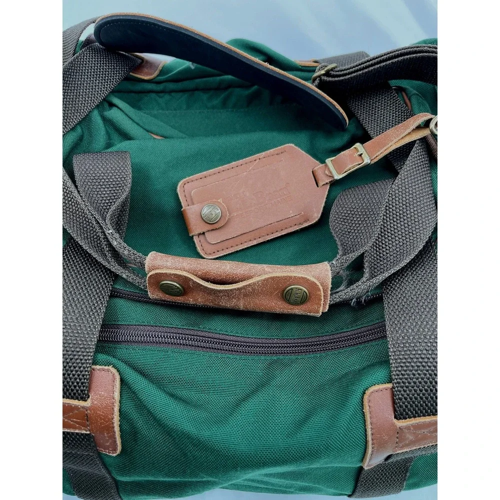 Vintage LL Bean Duffle Bag Green Canvas Leather Trim Weekender